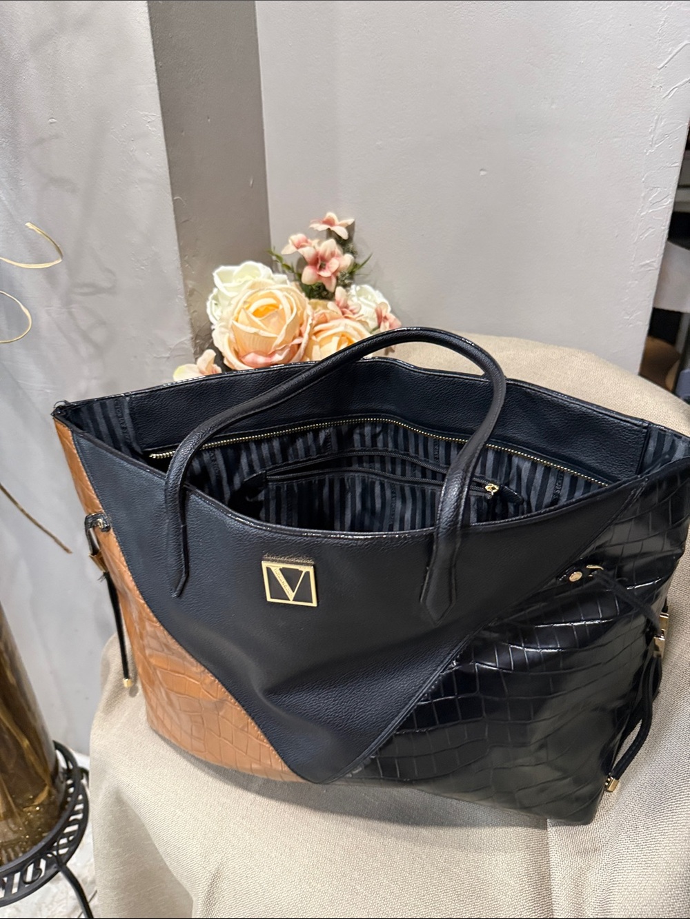 Victoria's Secret Black and Brown Two-Tone Tote